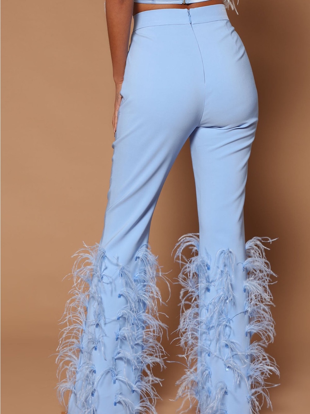 NWT Fashion Nova Light Blue Feather-Trim Flare Pants